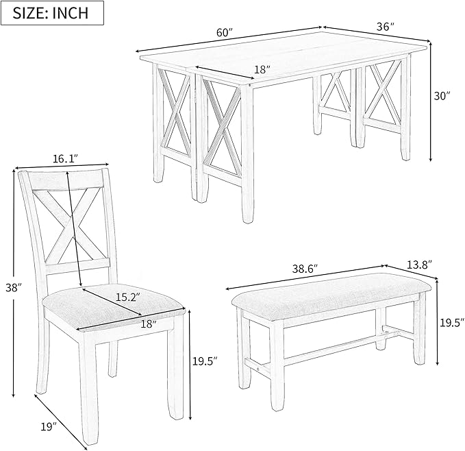 Ball & Cast 6-Piece Dining Table Set, 60" Wood Dining Kitchen Table & Chairs Set, Rectangular Dining Room Foldable Table with 4 Upholstered Chairs & 1 Bench,Perfect for Dining Room, Kitchen, Gray