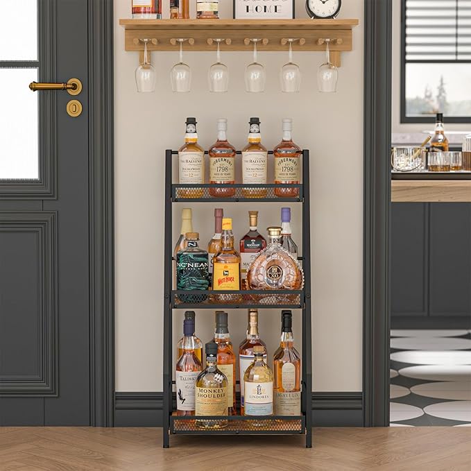 3-Tier Trapezoid Liquor Stand for Home Bar, Stepped Wine Rack Freestanding Floor for Liquor Whiskey Wine, Versatile Corner Wine Bottle Display Stand with Fences, Vintage Brown（Patent Pending）
