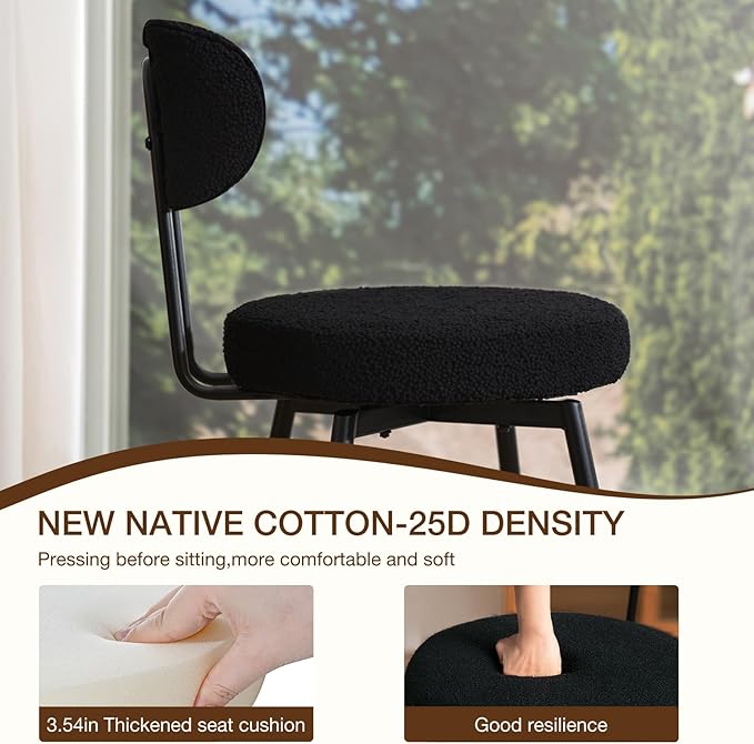 HOMMPA Swivel Bar Stools Set of 3 Counter Height Bar Stools Chiars 26'' Boucle Upholstered Modern Counter Barstools with Back Metal Legs Bar Chairs for Kitchen Counter Island Black