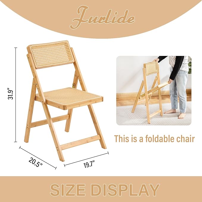 Rattan Folding Chairs, Modern Mid Century Dining Chairs Set of 2, Outdoor Bamboo Chair for Bedroom Living Room Reading Room Dining Kitchen, Wood
