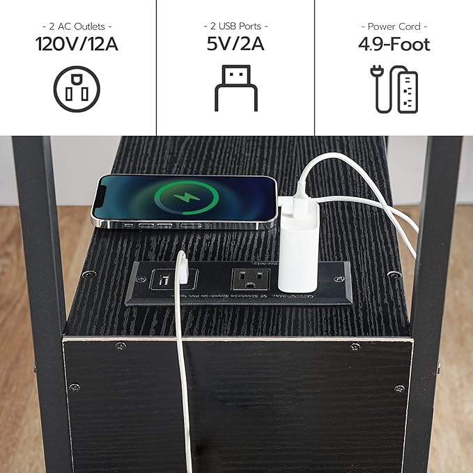 HOOBRO Set of 2 End Tables with Charging Station, Narrow Side Table with Drawers & USB Ports & Power Outlets, Nightstand for Small Spaces, Living Room, Stable and Sturdy, Black BK541BZP201