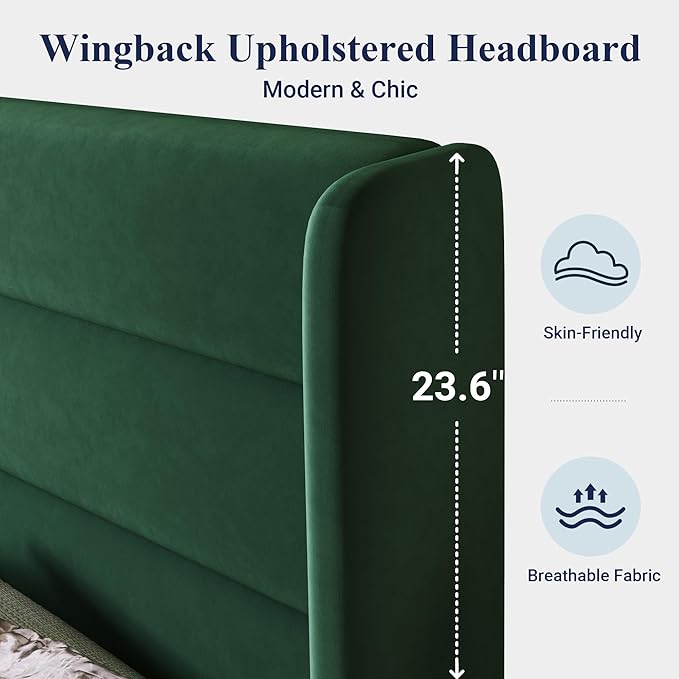 Allewie Queen Size Platform Bed Frame with Velvet Upholstered Wingback Headboard, No Box Spring Needed, Under Bed Storage Space, Strong Wooden Slats, Modern Mattress Foundation, Easy Assembly, Green