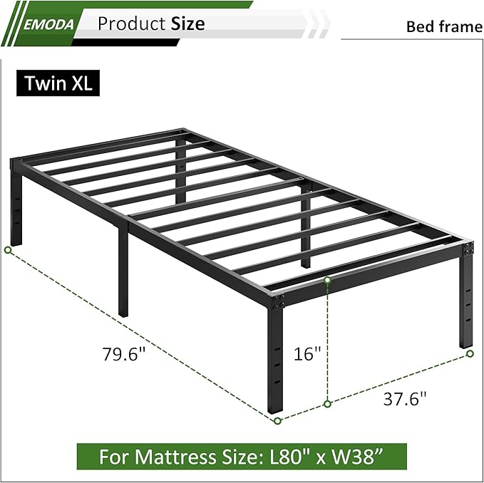 EMODA 16 Inch Platform Twin XL Bed Frames No Box Spring Needed, Heavy Duty MetalBed Frame, Noise Free, Easy Assembly, Black