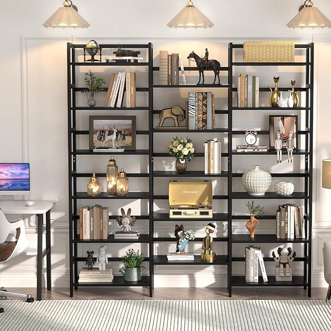 Homykic Bamboo Triple Wide Shallow Bookshelves and Bookcases, 6-Tier 6ft Tall Bookshelf with 17 Open Display Shelves, Super Large Freestanding Book Shelf for Home Office, Bedroom, Living Room, Black