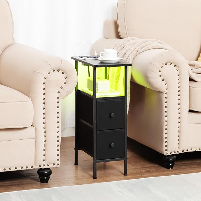 Narrow End Tables Living Room Set of 2 with Charging Station, Skinny Side Table with Fabric Drawers, Slim LED Nightstand for Bedroom, Small Spaces, Couch, Black, HETNDP02LBK