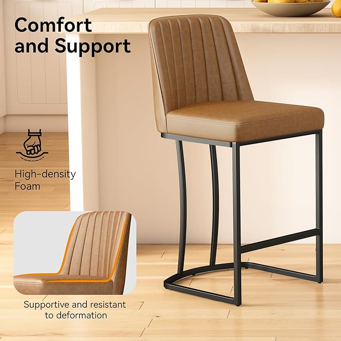 Bar Stools Set of 4, Faux Leather Counter Height Barstools, Upholstered Kitchen Counter Stools with Back and Stitching, 25.6" H Kitchen Island Stools Bar Chair, Metal Framed, Whisky Brown