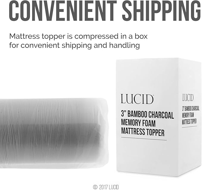 Lucid 3 Inch Ventilated Bamboo Charcoal Memory Foam Mattress Topper, CertiPUR-US Certified, Moisture and Odor Control-King