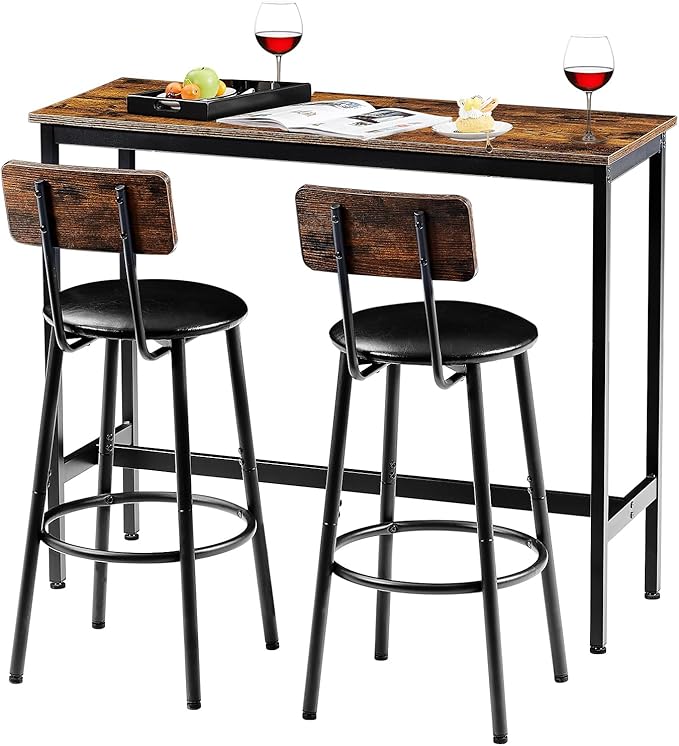 Tatub Bar Table with Stools Set of 2, Industrial 3 Piece Counter Height Small Dining Sofa Table and Chairs Set of 2, Brown