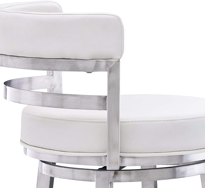 Armen Living Madrid 30" Seat Height Swivel White Faux Leather and Brushed Stainless Steel Bar Stool for Kitchen Island Counter