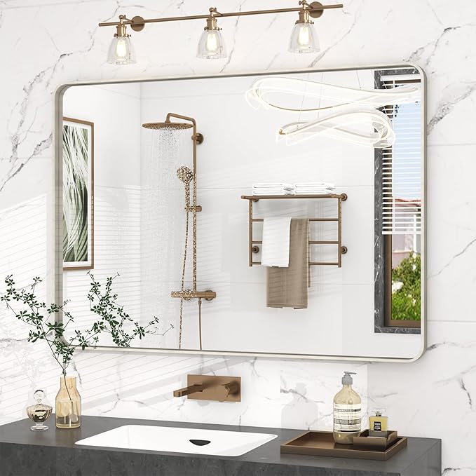 48x36 Inch Brushed Nickel Bathroom Mirror, Brushed Silver Metal Framed Wall Mirror, Rounded Corner Rectangle Modern Vanity Mirror, Tempered Glass, Anti-Rust, Shatterproof (Horizontal/Vertical)