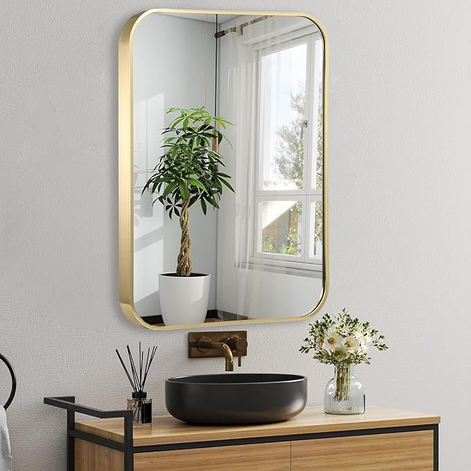 24x32 Inch Gold Bathroom Mirror, Brushed Gold Metal Framed Rectangular Mirror with Rounded Corner, Bathroom Vanity Mirror for Bedroom or Living Room, Horizontal/Vertical
