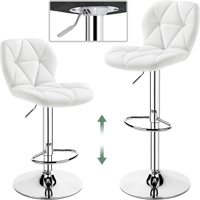 Yaheetech Barstools Set of 2, PU Leather Counter Stools Bar Chairs with Backrest, Height Adjustable Swivel Tall Chairs for Home Bar Kitchen Island, White