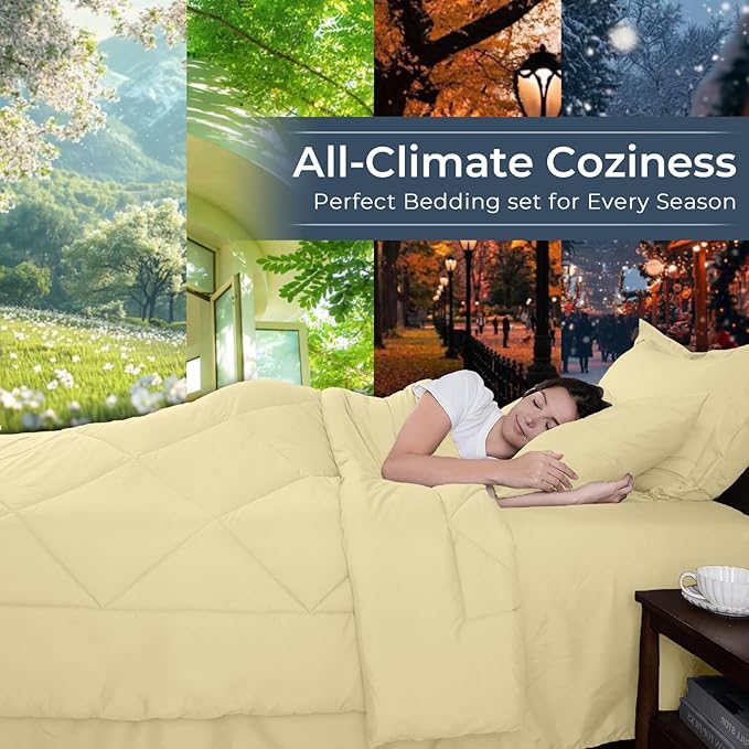 HEVUMYI Cream Yellow Queen Comforter Set - 7-Piece All Season Bed in a Bag Queen, Ultra Soft Bedding Set with Comforter, Flat Sheet, Fitted Sheet, Pillowcases, Pillow Shams