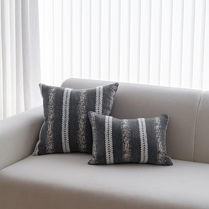 Pack of 1 Decorative Throw Pillow Covers 12x20 Inch, Pillow Cases for Living Room Couch Bedroom Farmhouse Home Decor, Soft Stripe Chenille Cushion Covers for Sofa Grey,12''x20''