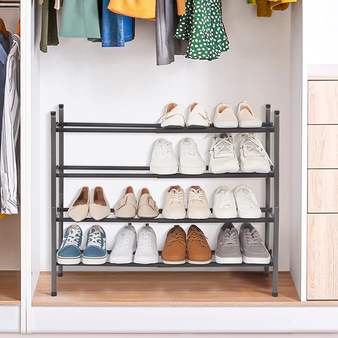 STORAGE MANIAC Expandable Shoe Rack, 16 Pairs Stackable Small Shoe Rack, Metal Adjustable Shoes Organizer for Closet, Entryway, Hallway, Garage, Front Door, Shoes Shelves, Black 4 Tier
