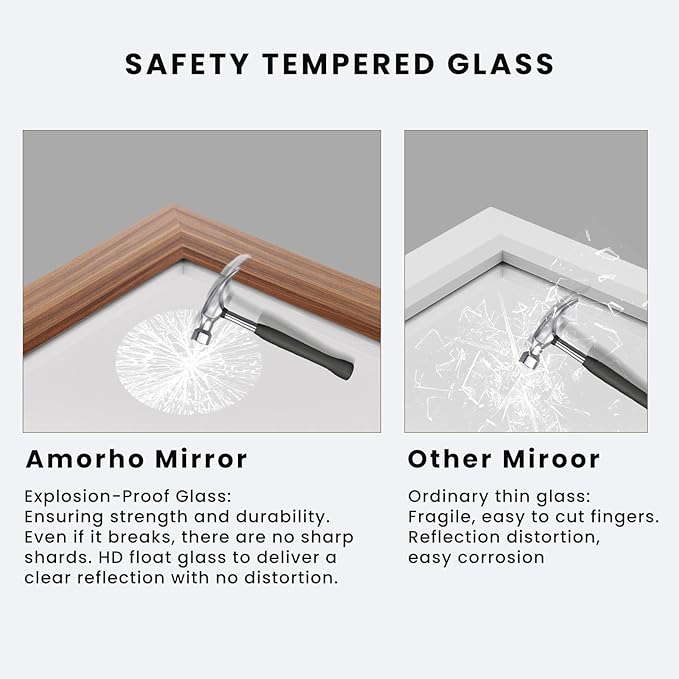 Amorho 72 X32 Inch Bathroom Mirror for Wall, Walnut Wood Grain Metal Framed Mirror, Anti-Rust, Hang Horizontally/Vertically, Suitable for Bedroom, Farmhouse, Bathroom, Decorative