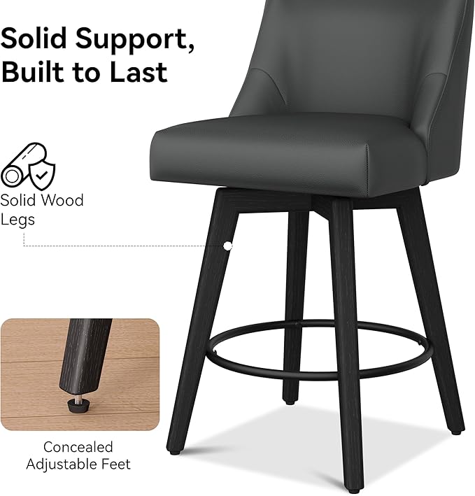 Counter Height Bar Stool, Modern Swivel Barstools with Back and Wood Leg, Faux Leather Upholstered Counter Height Stool, 26" H Kitchen Counter Stool, Kitchen Island Home Bar, Black Grey