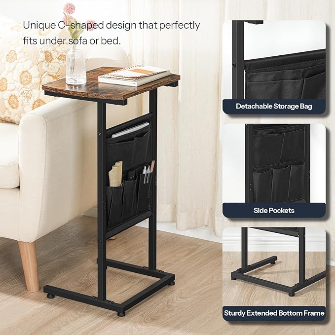 HOOBRO C Shaped End Table Set of 2, Small Side Table for Couch with Storage Bag, Slide Under Sofa, for Small Place, Sturdy Frame, Living Room, Bedroom, Rustic Brown and Black BF40SFP201
