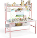 Aquzee Pink Desk with Hutch for Girls, 55in Computer Desk with Bookshelf for Teens Adults, Craft Table for Bedroom Kids Room, White Pink Study Table with Shelves for Storage