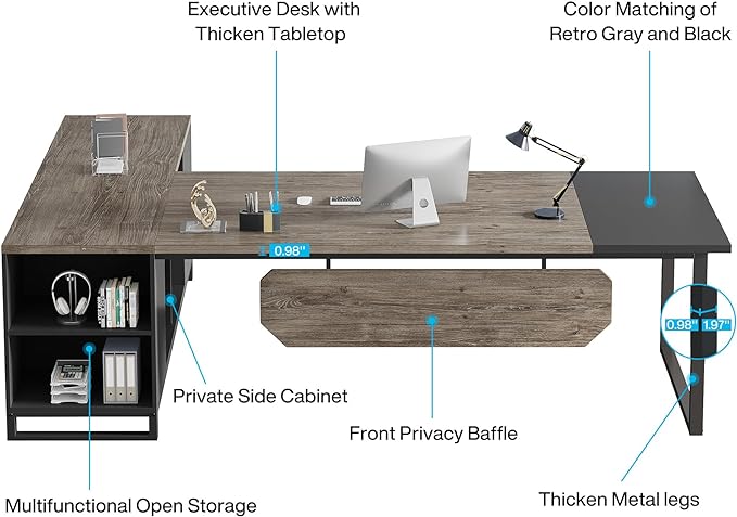Tribesigns 70.8" Executive Desk with 55" File Cabinet, Industrial L Shaped Computer Desk with Storage Shelves and Cabinet, Large L Shaped Executive Desk for Home Office, Retro Gray & Black