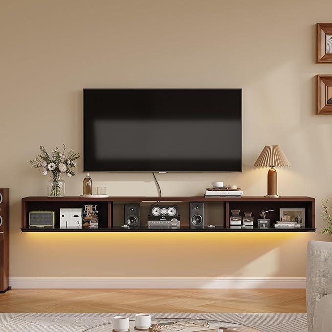 Floating TV Stand Matte Finish,70'' Wall-Mounted TV Cabinet,Floating TV Console,Under TV Shelf with 3 Doors for Living Room Bedroom(Walnut+Black)