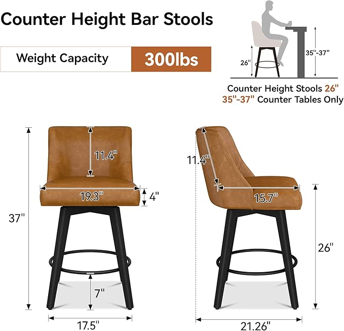 Counter Height Bar Stools Set of 8, Modern Swivel Barstools with Back and Wood Legs, Faux Leather Upholstered Bar Chairs, 26" H Kitchen Counter Stools, Kitchen Island Home Bar, Whisky Brown