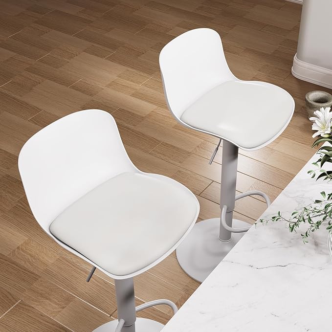 YOUTASTE White Bar Stools Set of 2 Adjustable Counter Height Bar Stool PU Leather Metal Barstools with Back Swivel High Top Bar Chairs Home Kitchen
