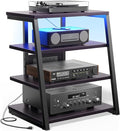 AV Media Stand with Outlets, Media Console with LED Lights, Stereo Racks and Stands with Storage Shelves, Media Audio Tower Cabinet, Black Enoby