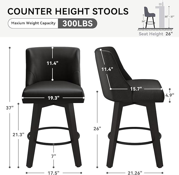 Counter Height Swivel Bar Stools Set of 2, 26 Inch Bar Stools with Footrest, Faux Leather Upholstered Barstools with Back and Solid Wood Legs for Kitchen Island, Dining Room,Pub,Black