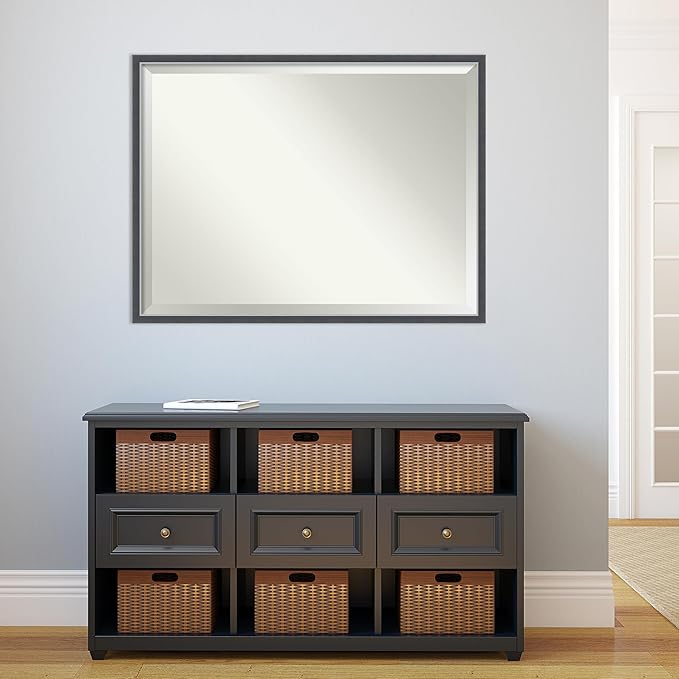 Amanti Art Black Bathroom Mirror for Over Sink, 32x42 Eva Black Silver Thin Rectangle Vanity Mirror, X-Large Modern Frame, Hangs Horizonally and Vertically, Bathroom Wall Decor, Beveled Edge