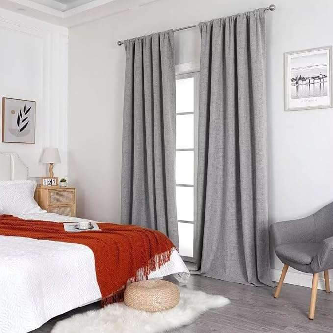 Joydeco Natural Linen Curtains 84 inch Length 2 Panels Set Burg 100% Blackout Patio Door Curtain Room Darkening Sliding Door Curtains Thermal Insulated Back tab Rod Pocket(105x84 inch, Light Grey)