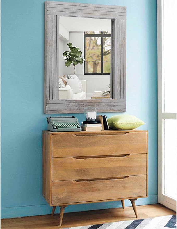 Large Rustic Wall Mirror, Rectangular Vintage Wood Framed Large Mirror Deco Farmhouse Living Room Bathroom Bedroom Entrance Mirror Light Gray 26" x 18"