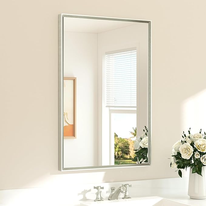TETOTE Brushed Nickel Mirror for Bathroom Sink 24" x 36" Beveled Frame Brushed Nickel Vanity Rectangle Mirror for Bathroom Wall, Modern Farmhouse, Tempered Glass, Shatterproof, Stronger Frame