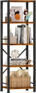Furologee 5 Tier Tall Bookshelf, Rustic Narrow Bookcase, Display Standing Shelf Units, Metal and Wood Storage Shelves Organizer for Bedroom, Living Room, Home Office, Entryway, Kitchen, Rustic Brown