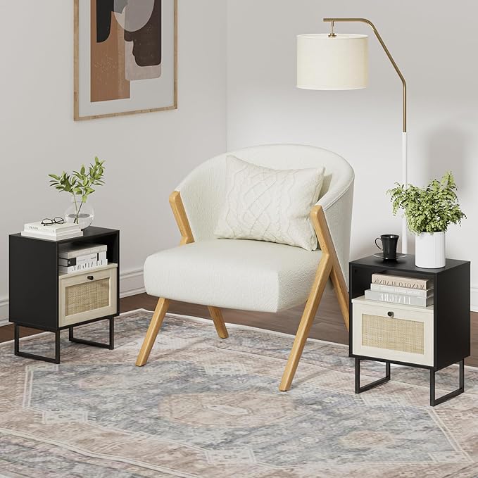 Masupu Boho Night Stand, Small Rattan Side Table, Wood Nightstand with Drawer and White Oak Shelf, Bedside Table, End Table for Bedroom,Living Room,Office (Black Frame)