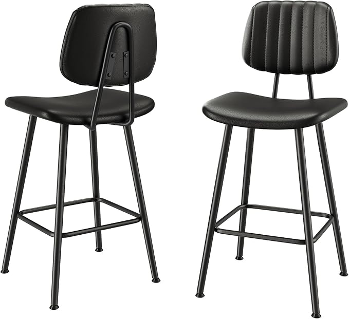 24-Inch Leather Bar Stools Set of 2, Counter Height Barstools with High Backrest，Bar Chairs for Kitchen Island with Heavy Duty Metal Legs, Black