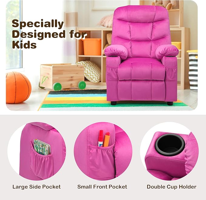 Costzon Kids Velvet Recliner Chair with Cup Holder, Footrest & Side Pockets for Children Boys Girls Baby Bedroom, Adjustable, Ergonomic Toddler Furniture Sofa Gifts (Rose)