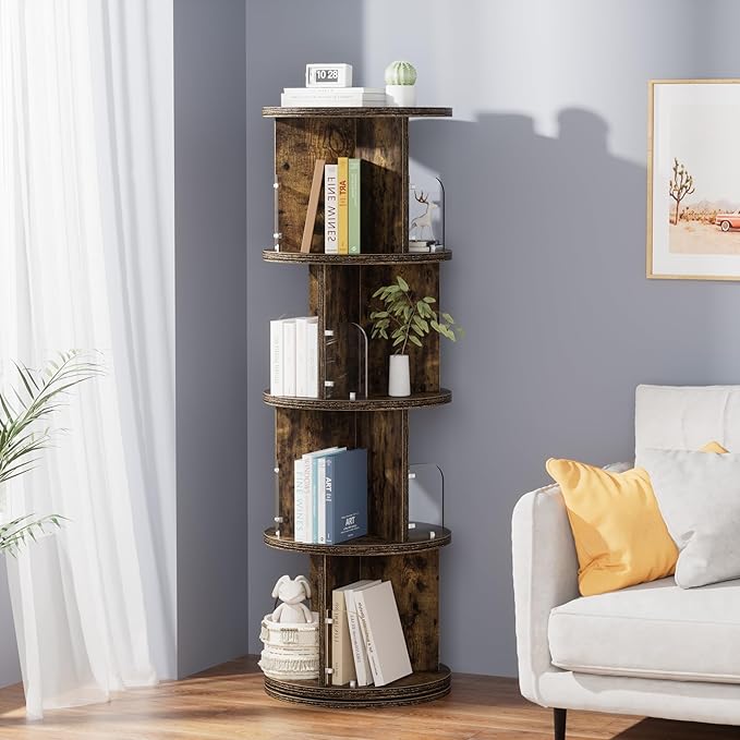 VECELO Rotating Bookshelf Tower, 360°Revolving Bookcase, Round Book Shelf Rotating, Stackable Storage Display Rack Floor Standing, Corner Bookshelf for Home Office, Brown