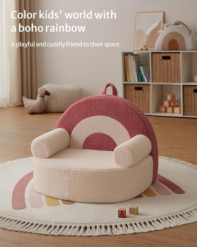 Blissful Diary Toddler Chair Comfy, Foam Kids Chair with Soft Teddy Plush, Toddler Reading Armchair with Cute Arclet Designs- Light Cream