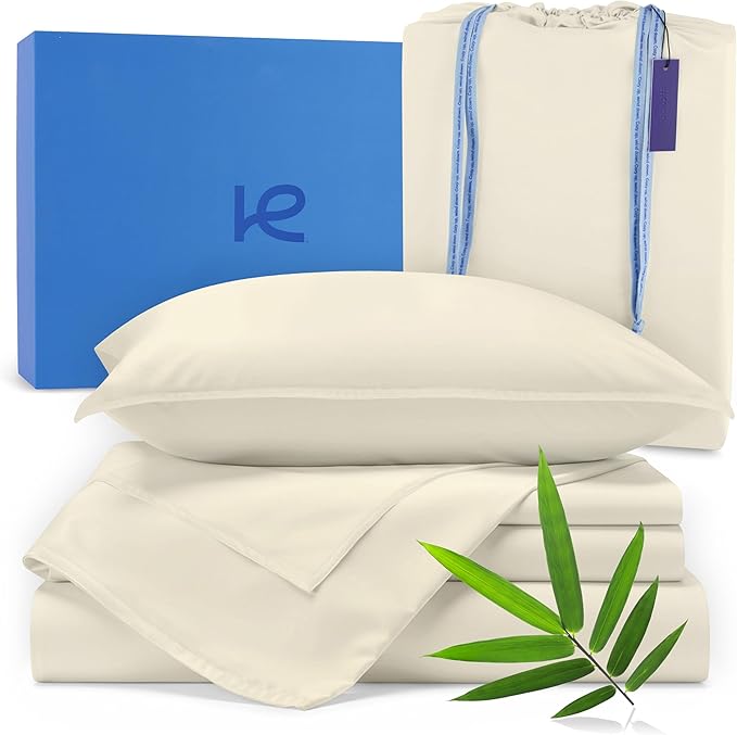 Kickoff Viscose Bamboo Sheets King Size 4-pc 100% Organic Bamboo Viscose Bed Cooling Sheets King Size Set Cool Bedding for hot Sleepers Sheet, Flat, Fitted, Pillowcases (Buttercream,K)