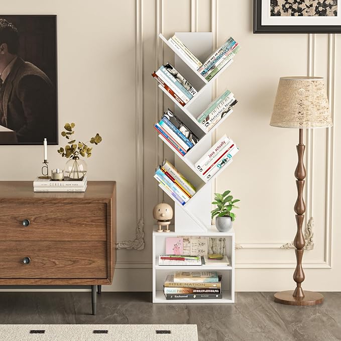 10 Tier Tree Bookshelf,Floor Standing Wood Tall Bookcase for Narrow Space, Storage Organizer Bookshelves for Books, Book Case for CDs/Movies/Books,Home Office,Living Room, Bedroom