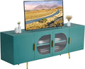VEVOR TV Stand for TVs up to 75 inch, Modern Entertainment Center with Glass Doors and Gold Legs, TV Cabinet Storage with Adjustable Shelves, Media Console Table for Living Room and Bedroom, Green