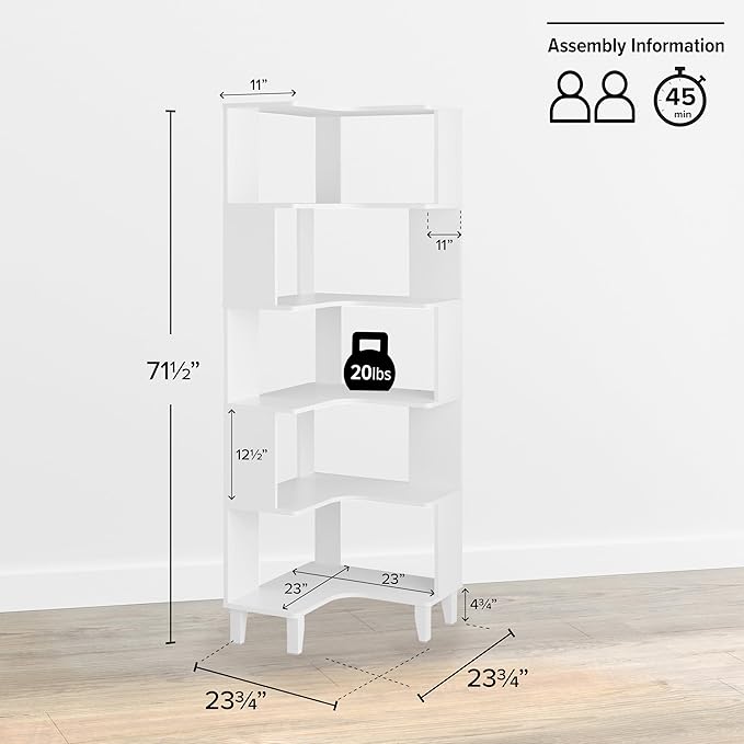 Prepac Nordik 6-Tier White Modern Mid Century Corner Bookcase, 71.5" Extra Tall White Corner Shelf with Storage, Multifunctional Freestanding Bookshelf for Home Office, Living Room, Bedroom