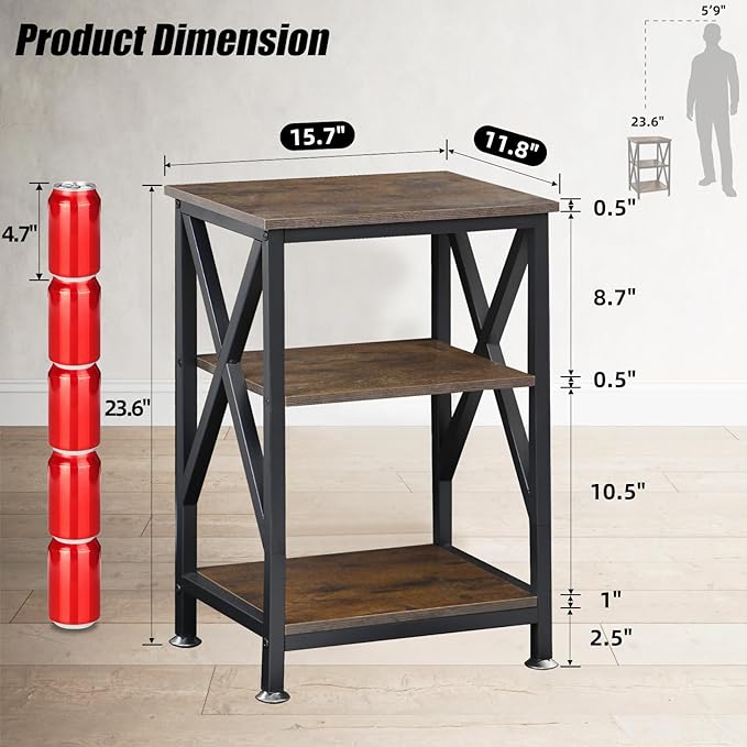 End Tables Living Room Set of 2 Farmhouse, Side Table with Storage Shelf, 16" W x 12" D x 24" H, 3 Tier Side Table Set of 2, X-Shaped Night Stands for Bedrooms, Coffee Table