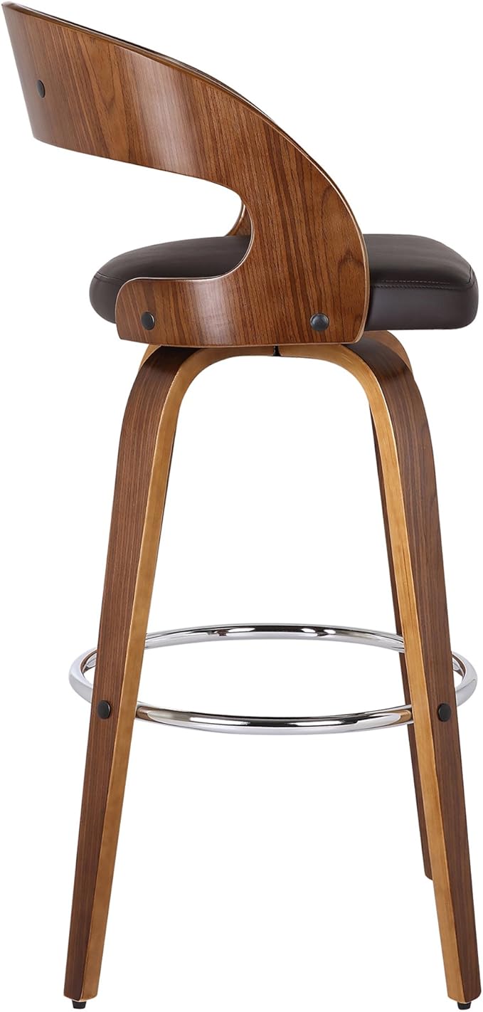 Armen Living Shelly 30" Bar Height Swivel Brown Faux Leather and Walnut Wood Bar Stool - Set of 4