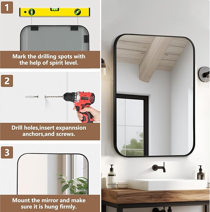 Matte Black Mirror, 20"x30" Rectangle Bathroom Mirror, Metal Frame Rectangle Corner Vanity Mirror, Wall Mounted Mirror for Modern, Living Room, Bedroom, Horizontal Or Vertical