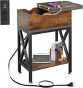 Toocust End Table Living Room with Charging Station, 11"D x 24"W x 23"H, Flip Top Side Table with USB Ports and Outlets, Narrow End Table with 5.3" Deep Drawer, Reinforced Steel X-Frame, Rustic Brown