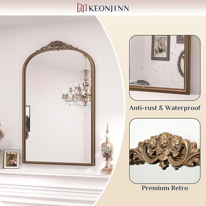 Keonjinn Gold Vintage Mirror 30" x 36", Antique Brass Mirrors for Wall Decor, Arched Decorative Mirror for Mantle, Hallway, Living Room, Fireplace, Bedroom, Bathroom Mirror with French Cleat Mounting
