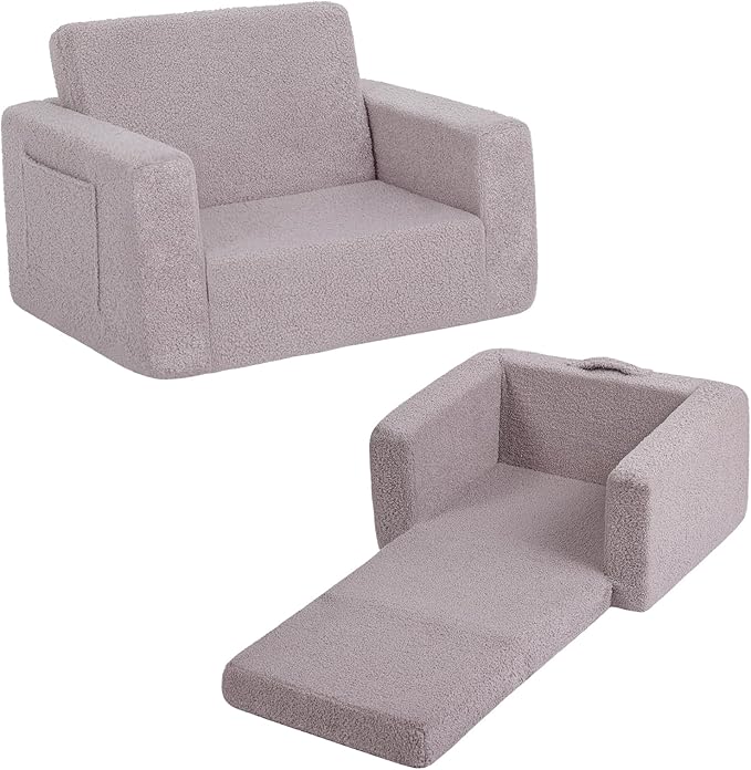 Tiita Kids Sofa, 2-in-1 Todder Couch, Convertible Children Couch to Lounger, Flip Out Kids Sofa Chair, Toddler Armrest Chair Bed, Folding Kids Play Sofa for Girl or Boy (Grey)
