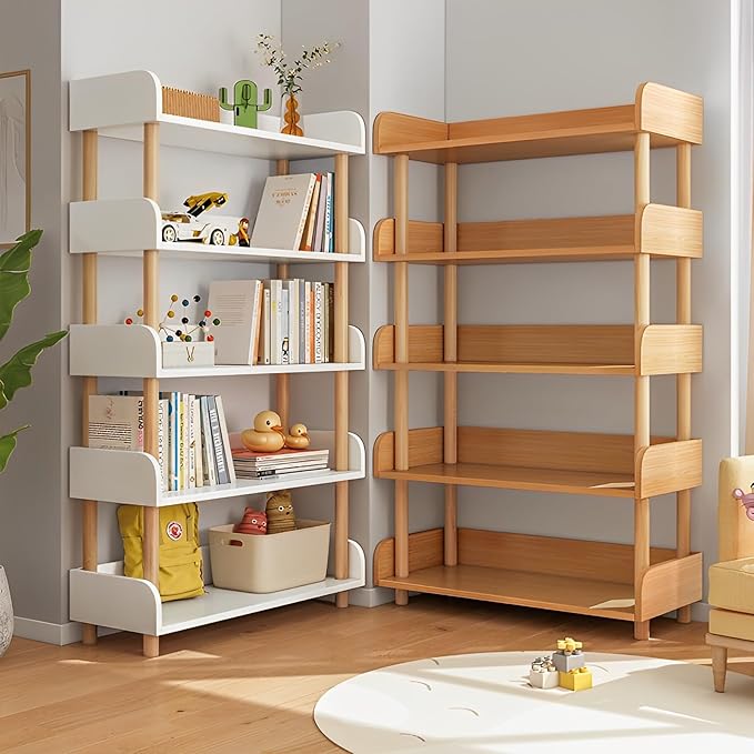 5-Tier Wooden Open Bookcase - Modern Display Bookshelf with Top Edge and Solid Wood Frame for Home and Office, Storage Cabinet, Oak